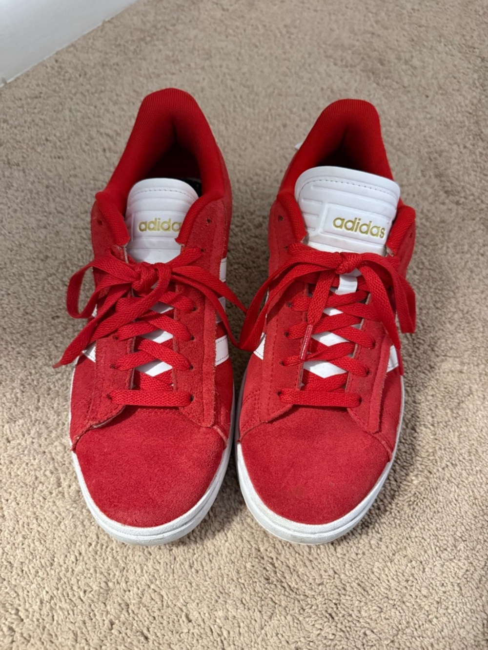 adidas cloud foam Red Suede Sneakers with White Stripes